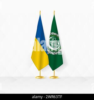 Ukraine and Arab League flags on flag stand, illustration for diplomacy and other meeting between Ukraine and Arab League. Vector illustration. Stock Vector