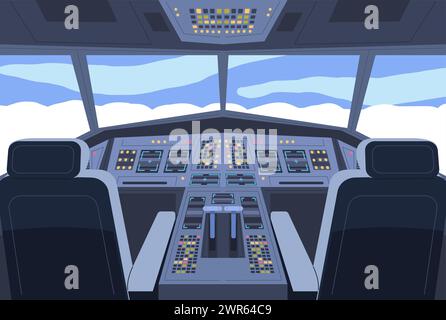 Airplane cockpit interior. Aircraft pilot cabin inside views, aeroplane jet flight deck captain chair, dashboard radar computer system control steering joystick vector illustration of airplane cabin Stock Vector