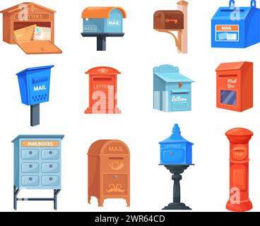 Cartoon postboxes. Colorful mailboxes, post box postal letter boxes for receiving letters in postoffice or apartment correspondent mailbox delivery mail, vector illustration of mailbox and postbox Stock Vector