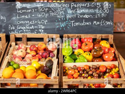 Fresh fruit and vegetables on display in a shop Stock Photo