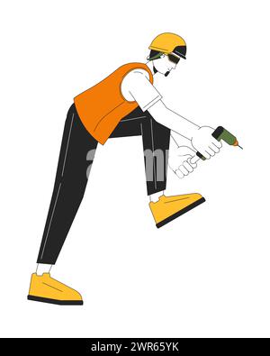 Caucasian male engineer holding cordless screwdriver 2D linear cartoon character Stock Vector