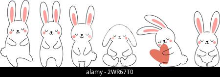 Cute little Easter bunny outline sketch collection in different poses. Cartoon rabbit character for kids cards, baby shower, invitation, poster Stock Vector