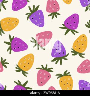 Hand drawn seamless pattern of pink yellow purple strawberry berries on beige background. Modern nursery print with colorful bright fruit food, summer spring fashion fabric for textile wallpaper Stock Photo