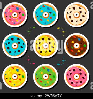 Illustration on theme big set different types sticky donuts, sweet doughnuts various size, donut pattern consisting of collection organic doughnuts fr Stock Vector