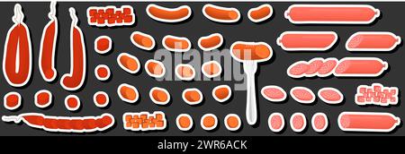 Illustration on theme big set different types delicatessen meat sausages, delicatessen consisting of collectible natural tasty food meat sausages, eat Stock Vector