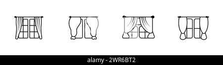 Linear curtain logos. Outline icon of curtained windows vector. Jalousie. Room interior. Stock Vector