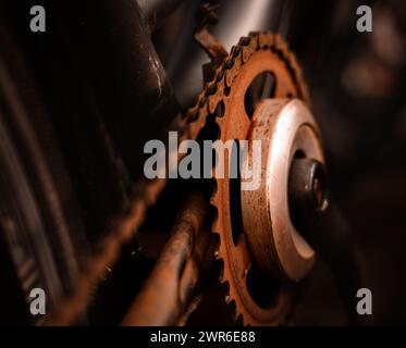 A Close-up of a rusted bicycle chain. Stock Photo