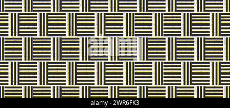 Risograph seamless background. Vector geometric ornament in retro style. Black, yellow and grey horizontal and vertical lines are arranged in a grid Stock Vector