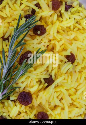 Traditional South African yellow rice, made with turmeric and raisins with rosemary garnish. Close up, full frame shot Stock Photo