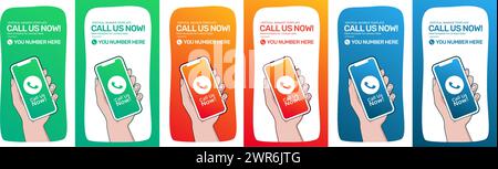 Vertical phone contact banner in diferent colors, green blue and orange. Phone call on smartphone screen. Hand holding smartphone. Modern concept. Stock Vector