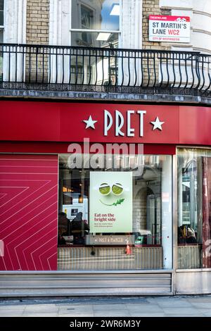 City of Westminster, London UK, March 08 2024, Pret Coffee Shop St Martins Lane With No People Stock Photo