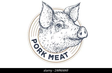 Pork, pig head, meat tag label. Template Meat Tag Label. Vintage print, tag, label with pig sketch ink pencil style drawing. Butchery pork pig head meat shop, text, typography. Vector Illustration Stock Vector