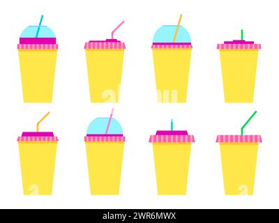 Plastic or paper cups with a straw set of icons isolated on a white background. Plastic cups for carbonated drinks. Plastic smoothie glass with straw. Stock Vector
