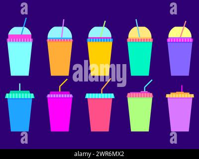 Set of icons of multi-colored plastic and paper cups with straws. Plastic cups for carbonated drinks. Smoothie glass with straw. Fizzy soft drinks. De Stock Vector