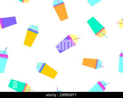 Seamless pattern with plastic or paper cups with a straw. Plastic and paper cups for carbonated drinks. Plastic smoothie glass with straw. Carbonated Stock Vector