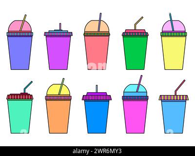 Plastic or paper cups with a straw set of icons isolated on a white background. Plastic cups for carbonated drinks. Plastic smoothie glass with straw. Stock Vector