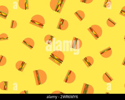 Seamless pattern with cheeseburgers and hamburgers on a yellow background. Cheeseburger with two cutlets. Bun with sesame seeds, cutlet, cheese and sa Stock Vector