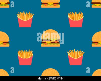 Seamless pattern with cheeseburgers and fries. Fast food. Cheeseburger with two cutlets. Bun with sesame seeds, cutlet, cheese and sauces. Design for Stock Vector