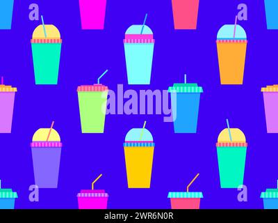 Seamless pattern with plastic or paper cups with a straw. Plastic and paper cups for carbonated drinks. Plastic smoothie glass with straw. Carbonated Stock Vector