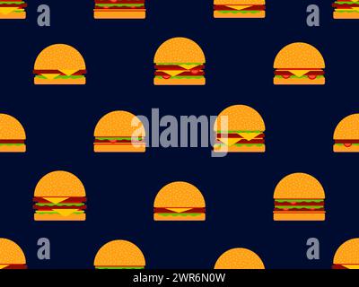 Seamless pattern with cheeseburgers and hamburgers on a black background. Cheeseburger with two cutlets. Bun with sesame seeds, cutlet, cheese and sau Stock Vector