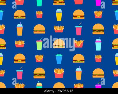 Fast food seamless pattern with hamburgers, drinks and fries. Cheeseburgers and hamburgers and fizzy soft drinks. Plastic and paper cups for carbonate Stock Vector