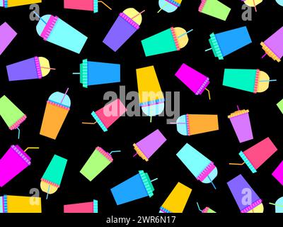 Seamless pattern with plastic or paper cups with a straw. Plastic and paper cups for carbonated drinks. Plastic smoothie glass with straw. Carbonated Stock Vector