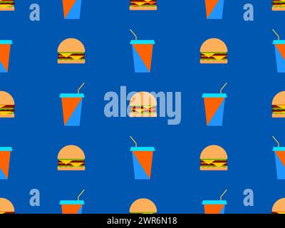 Seamless pattern with burgers and paper cups with soda drinks. Cheeseburgers and hamburgers and fizzy soft drinks. Plastic and paper cups for carbonat Stock Vector