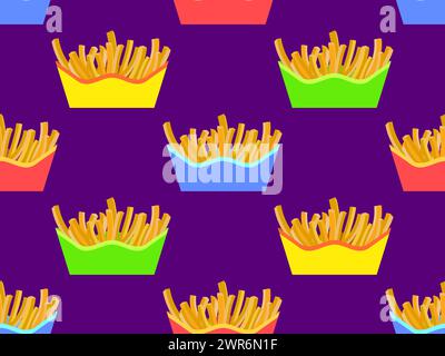 Seamless pattern with French fries. Fast food, deep fried potatoes. Packaged fries, a delicious snack. Design for banners, posters and promotional pro Stock Vector