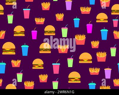 Fast food seamless pattern with hamburgers, drinks and fries. Cheeseburgers and hamburgers and fizzy soft drinks. Plastic and paper cups for carbonate Stock Vector