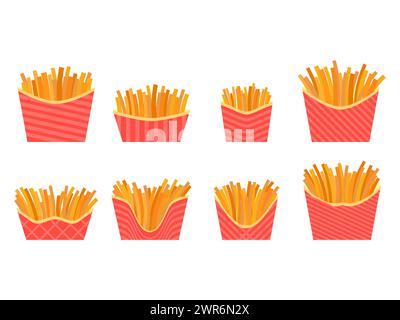 French fries icon set isolated on white background. Fast food, deep fried potatoes. Packaged fries, a delicious snack. Design for banners, posters and Stock Vector