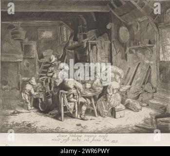 Peasants having a meal in an inn, Four men and a woman are having a meal in a messy room in an inn. The drink flows freely and the men smoke pipes. A boy helps a small child drink from a pitcher. On the floor are playing cards, a broken pipe and an empty jug. The print is part of a portfolio., print maker: Adriaen van Ostade, after drawing by: Adriaen van Ostade, E.H. Kok, Haarlem, 1647 and/or 1941, paper, etching, height 221 mm × width 264 mm, print Stock Photo