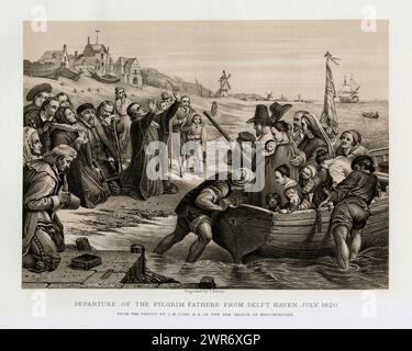 Pilgrim Fathers depart from Delfshaven, formerly the port of Delft, in the Netherlands in July 1620.  Sepia antique engraving, first published in 1878.  Engraved by T. Bauer after a fresco by Charles West Cope R.A. Stock Photo