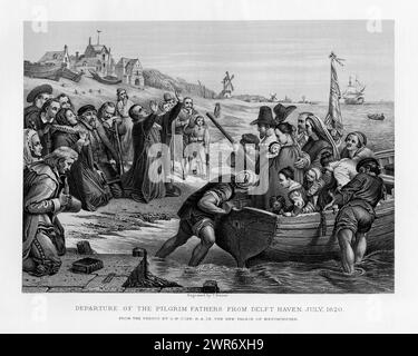 Pilgrim Fathers depart from Delfshaven, formerly the port of Delft, in the Netherlands in July 1620.  Antique engraving, first published in 1878.  Engraved by T. Bauer after a fresco by Charles West Cope R.A. Stock Photo