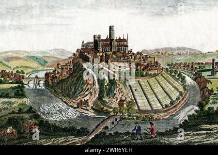 Durham Cathedral and the City of Durham in northeast England in the late 1700s, rising above the River Wear.  In the foreground is a packhorse bridge and a horseback rider following a pack horse. Borderless crop of late 18th century copperplate engraving, later coloured by hand. Stock Photo