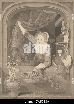 Woman with basket of fruits in hand by the window, A young woman with a basket of fruits in hand hangs out of a window. She holds the curtain aside so that the interior is visible behind her. A man and a woman are making music in the room. There is a birdhouse on the windowsill, a dead rooster and a vase of flowers., print maker: Henricus Wilhelmus Couwenberg, after painting by: Gerard Dou, Amsterdam, 1840 - 1842, paper, etching, height 610 mm × width 450 mm, print Stock Photo