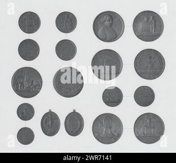 Various coins and commemorative medals. The front and back of each coin are shown., print maker: Jan Dam Steuerwald, Netherlands, 1839 - 1863, paper, height 240 mm × width 333 mm, print Stock Photo