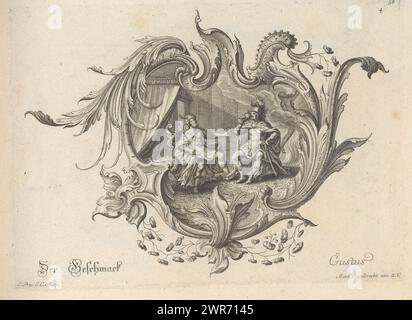 De taste, Der Geschmack / Gustus (title on object), Neu Inventierte auf die artigste Facon Sehr nutzliche Schild (series title), Rocaille cartouche with a scene of an old man, a young man and a woman in (smoke) clouds, probably Aigeus, Theseus and Medea. Medea tries to kill Theseus by making him drink poison, but his father Aigeus stops him. In the background on the right, Medea takes flight, surrounded by clouds of smoke. Picture number 58., print maker: Johann Georg Pintz, after design by: Johann Rumpp, publisher: Martin Engelbrecht, Augsburg, 1712 - 1755, paper, etching Stock Photo