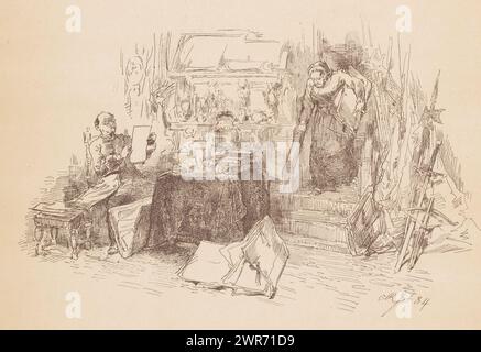 Art collector, At a table with books and crockery, a man sits with a leaf in his hands that he is studying. On the right, an old woman comes down the stairs with a folder of papers under her arm. On the right a curtain and weapons., print maker: Charles Rochussen, after design by: Charles Rochussen, 1884, paper, photolithography, height 299 mm × width 413 mm, print Stock Photo