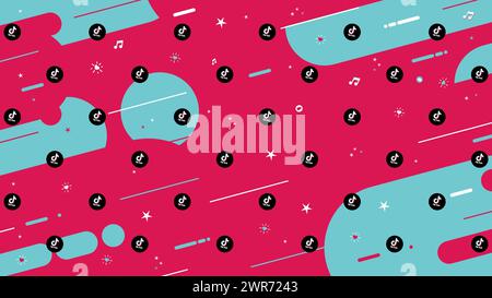 Tik Tok background banner with emojis. Pattern TikTok logo with a modern design of colored stripes on a colorful cyan and magenta background. Stock Vector