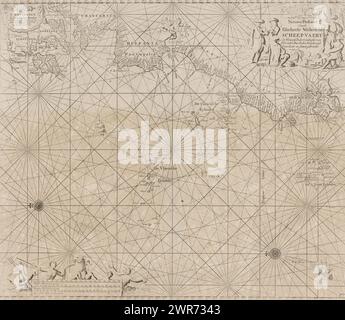 Pass map of part of the Atlantic Ocean with the west coast of Europe and part of Africa, Nieuwe Paskaert Vande Gheheele Westersche Scheep-Vaert Op Nieus uyt Ondervindinghe van Schrandre Stierlieden Naaukeurigh Geeeckent and brought together. (title on object), Oriental map of part of the Atlantic Ocean with the west coast of Europe and part of Africa, with two compass roses, the North is on the left. Top right a cartouche with the title and top left the address of the publisher. The title is surrounded by merchants from different corners of the world. Bottom left the scale Stock Photo