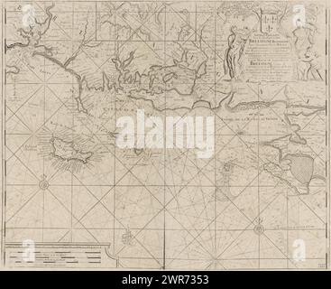 Pass map of the coast of France between the island of Groix and the municipality of La Baule-Escoublac, Nieuwe Pascaart From the Sea Coasts of Brittany Starting From t' Incomand From the River Loire to t' Eylandt de Groa / Carte Marine de la Costes de Bretagne depuis la Commancement de la Rivierre de Loire Jus'qua Isle de Groa (title on object), Pass map of the coast of France from the Breton island of Groix to the municipality of La Baule-Escoublac in the region De Pays de la Loire, with Belle-Île-en-Mer, the largest Breton island in the Atlantic Ocean. With three compass roses Stock Photo