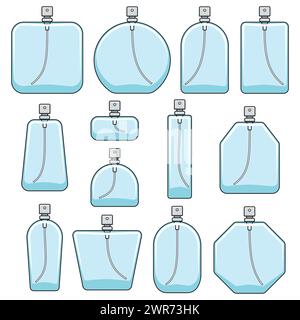 Set of color illustration with bottle of perfume spray. Isolated vector object on white background. Stock Vector