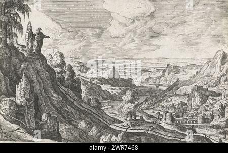 The temptation of Christ, Landscapes with mythological and biblical scenes (series title), Christ stands with the devil in human form on a high mountain. The devil shows him 'all the kingdoms of the world' which he will give to Christ if he kneels before him., print maker: anonymous, print maker: Philips Galle, (rejected attribution), print maker: Hans Bol, (possibly), Southern Netherlands, c. 1550 - c. 1650, paper, etching, height 125 mm × width 185 mm, print Stock Photo