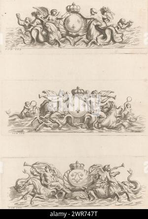 Friezes with coat of arms of France and angels, Recueil De Divers Desseins de Fontaines Et De Frises Maritimes (series title), Three friezes on a leaf. Above: Crowned coat of arms of France in a shell, flanked by angels with horns of plenty sitting on hippocampi and two putti blowing on shells. Middle: Crowned coat of arms of France in a shell, flanked by angels with trumpets, sitting on hippocampi and two putti on dolphins. Below: Crowned coat of arms of France in a shell, flanked by angels with trumpets sitting on hippocampi and two dolphins ., print maker: Louis de Châtillon Stock Photo