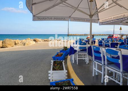 Kos, Greece - May 12, 2023: Greek seaside restaurant in the coastal village of Kardamena on the island of Kos Stock Photo