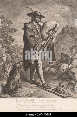 Musette player with puppetry, print maker: Jacques Dumont, print maker: Jean Daullé, after own design by: Jacques Dumont, print maker: France, print maker: France, publisher: Paris, 1739, paper, etching, engraving, height 386 mm × width 278 mm, print Stock Photo