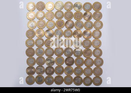 Top view of various Indian ten rupee coins background Stock Photo