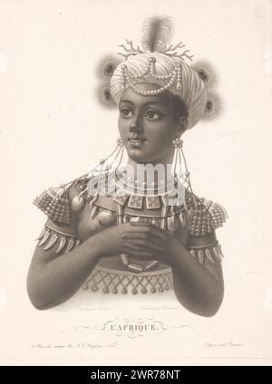 Personification of Africa, L'Afrique. (title on object), Four continents (series title), print maker: Noël François Bertrand, after drawing by: Jules-Antoine Vauthier, publisher: Aumont & Cie, print maker: France, after drawing by: France, publisher: Paris, 1795 - 1852, paper, height 362 mm × width 277 mm, print Stock Photo