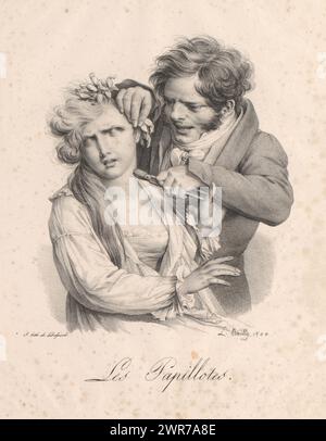Caricature of a young man putting curls on a young woman, Les Papillotes (title on object), Faces with a grimace (series title), Recueil de grimaces (series title), The curls are set using papillotes., print maker: Louis-Léopold Boilly, printer: François Séraphin Delpech, Paris, 1824, paper, height 348 mm × width 255 mm, print Stock Photo