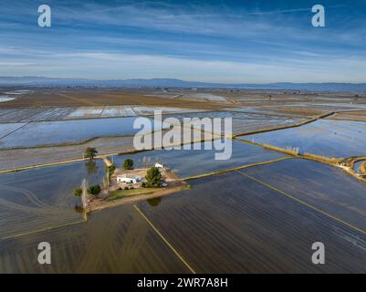 Aerial view of flooded rice fields near the Platjola wetland, in the Ebro Delta (Tarragona, Catalonia, Spain) ESP: Vista aérea de campos de arroz Stock Photo